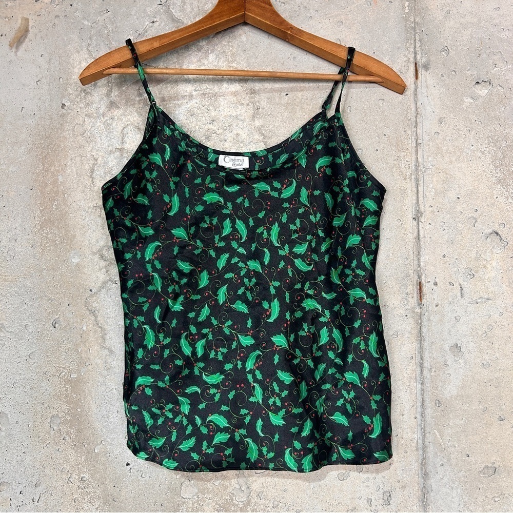 Vintage 90s holly leaves Christmas silk like spaghetti strap blouse small
